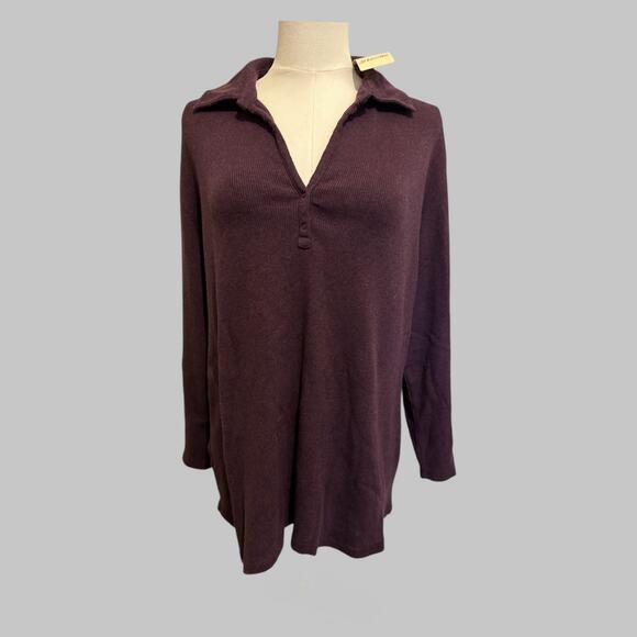St John’s Bay Ribbed Polo Tunic Top Purple Wine Autumn Cozy Fall Relaxed XL - Picture 1 of 10